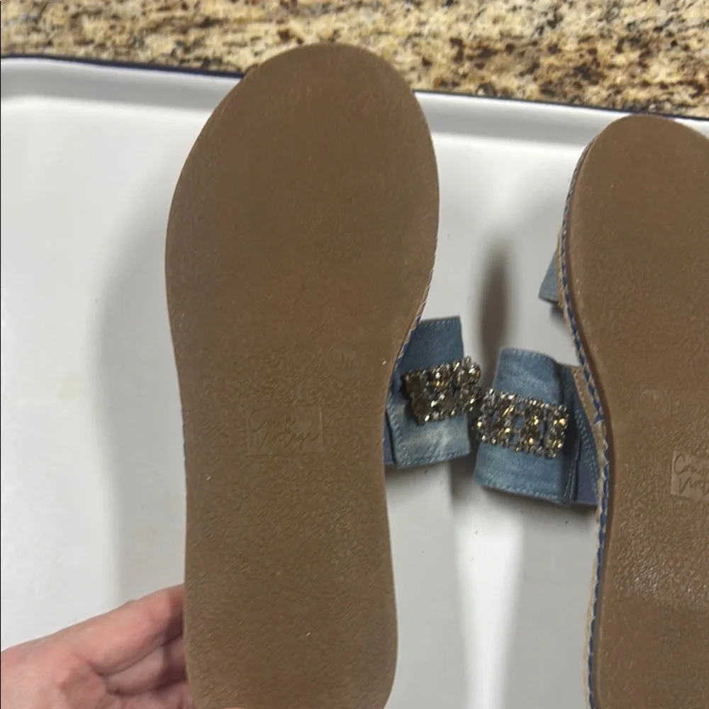 Crown Vintage Denim Blue and Tan Sandals with Studded Jeweled Straps Sz 9